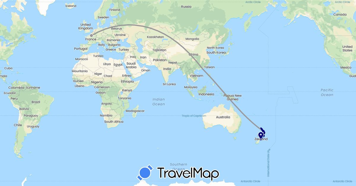 TravelMap itinerary: driving, plane, boat in France, Hong Kong, New Zealand (Asia, Europe, Oceania)